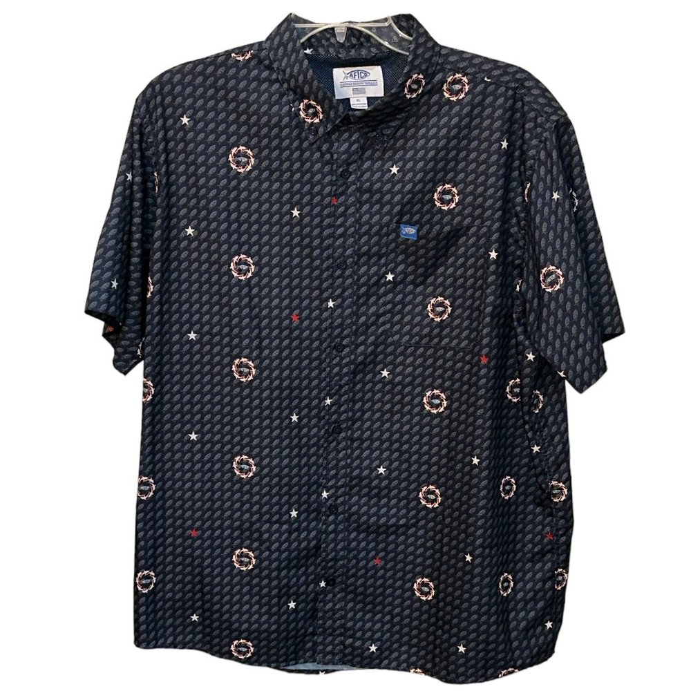 Men's AFTCO Short Sleeve Vented Fishing Shirt Blue/White/Red Fish Print Size XL